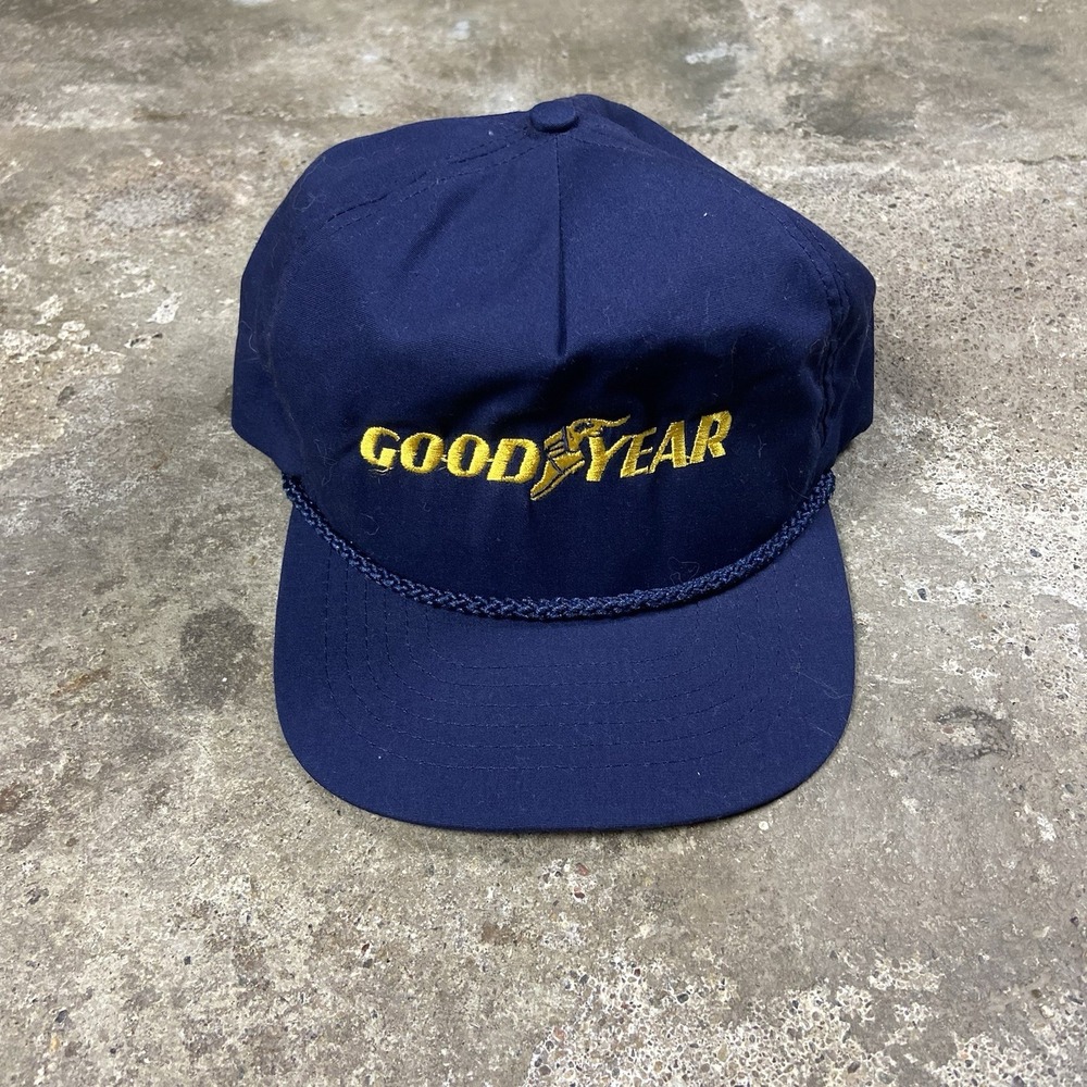 Vintage Goodyear Cap Snap Back Adjustable Navy Blue Embroidered Logo Brim Rope